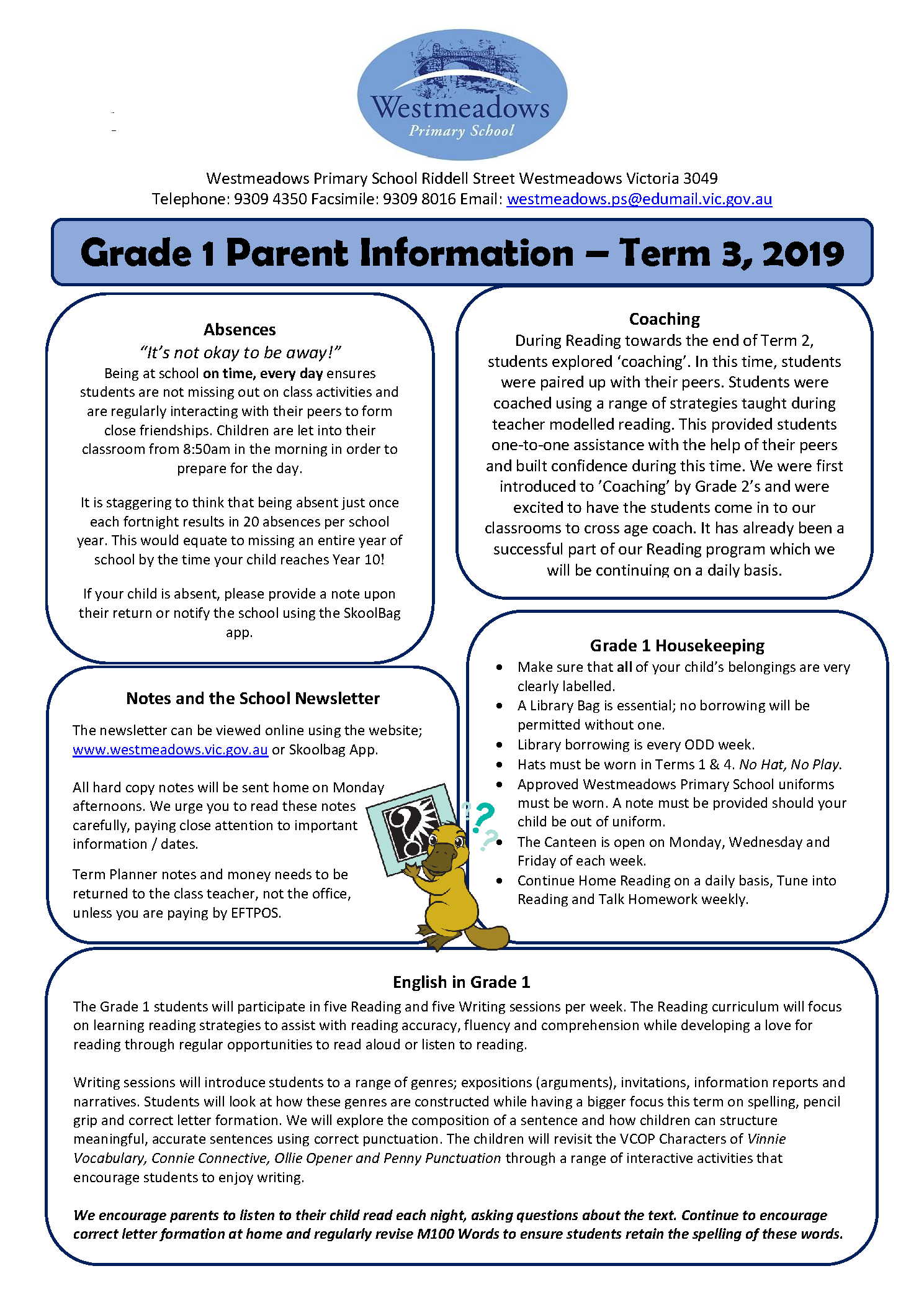 Grade 1 Term 3, 2019 Newsletter
