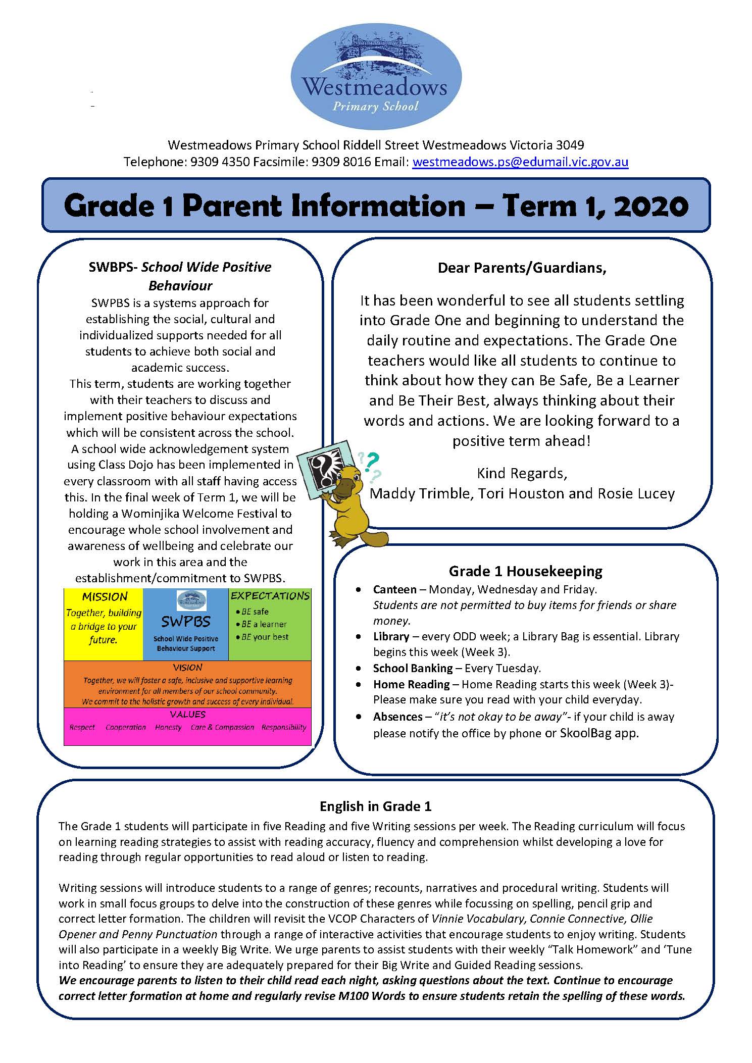 Grade 1 Term 1, 2020 Newsletter